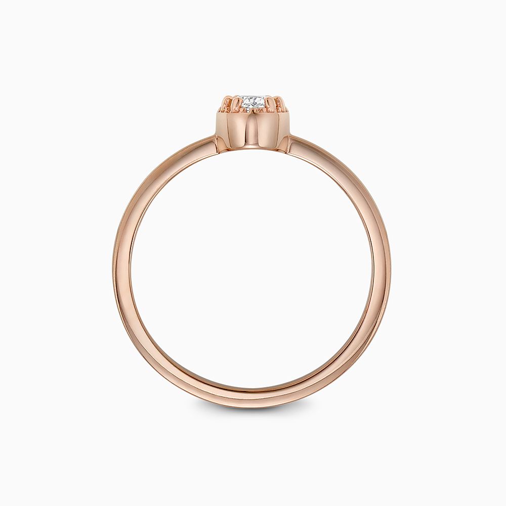 Profile view of Ecksand's Oval Diamond Stackable Ring with Milgrain Halo in 18k Rose Gold, Lab-grown VS2+/F+