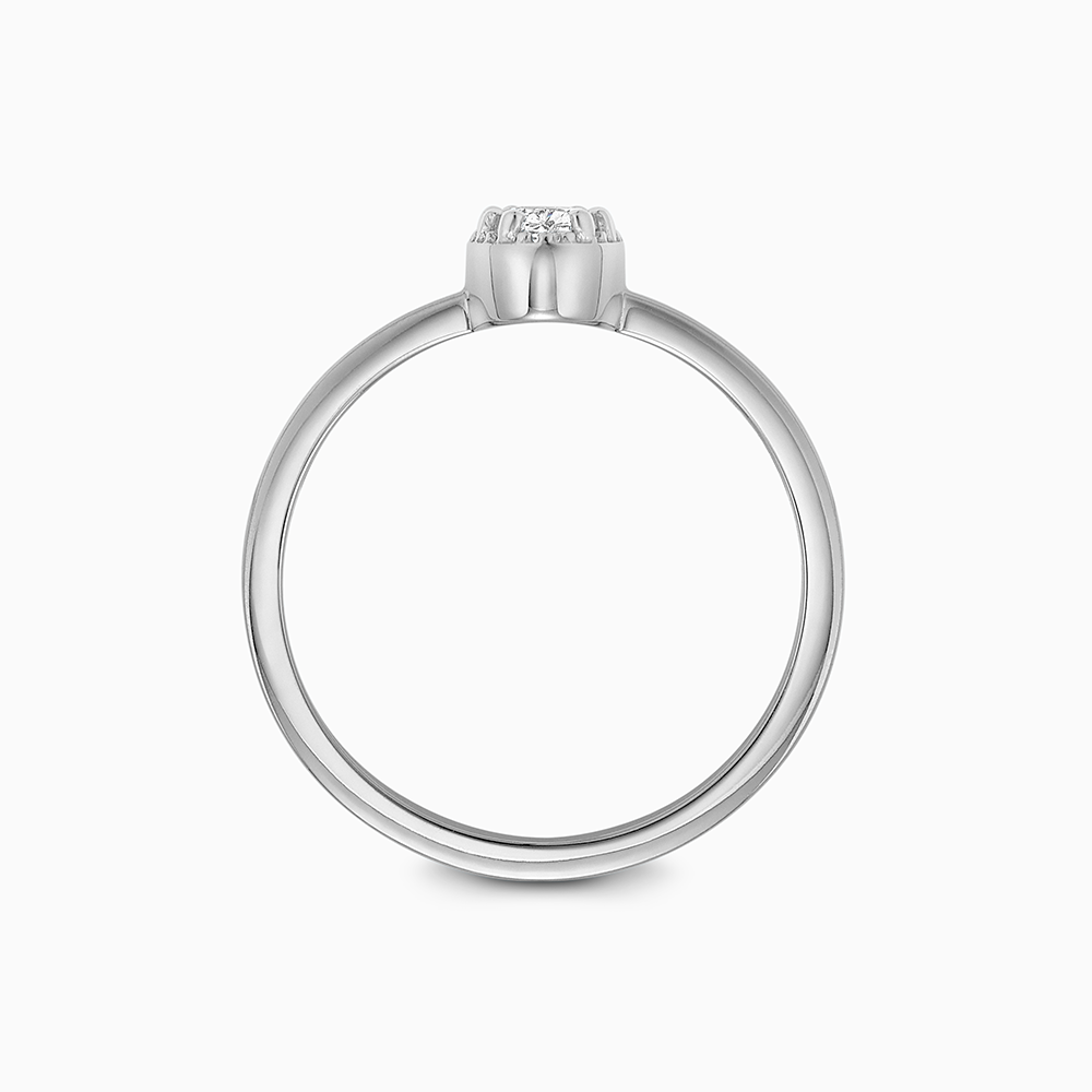 Profile view of Ecksand's Oval Diamond Stackable Ring with Milgrain Halo in 18k White Gold, Lab-grown VS2+/F+