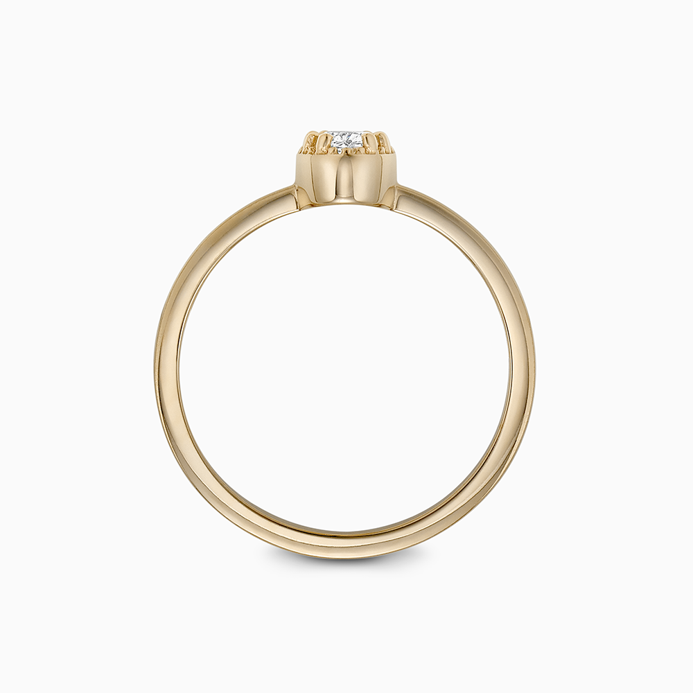 Profile view of Ecksand's Oval Diamond Stackable Ring with Milgrain Halo in 18k Yellow Gold, Lab-grown VS2+/F+