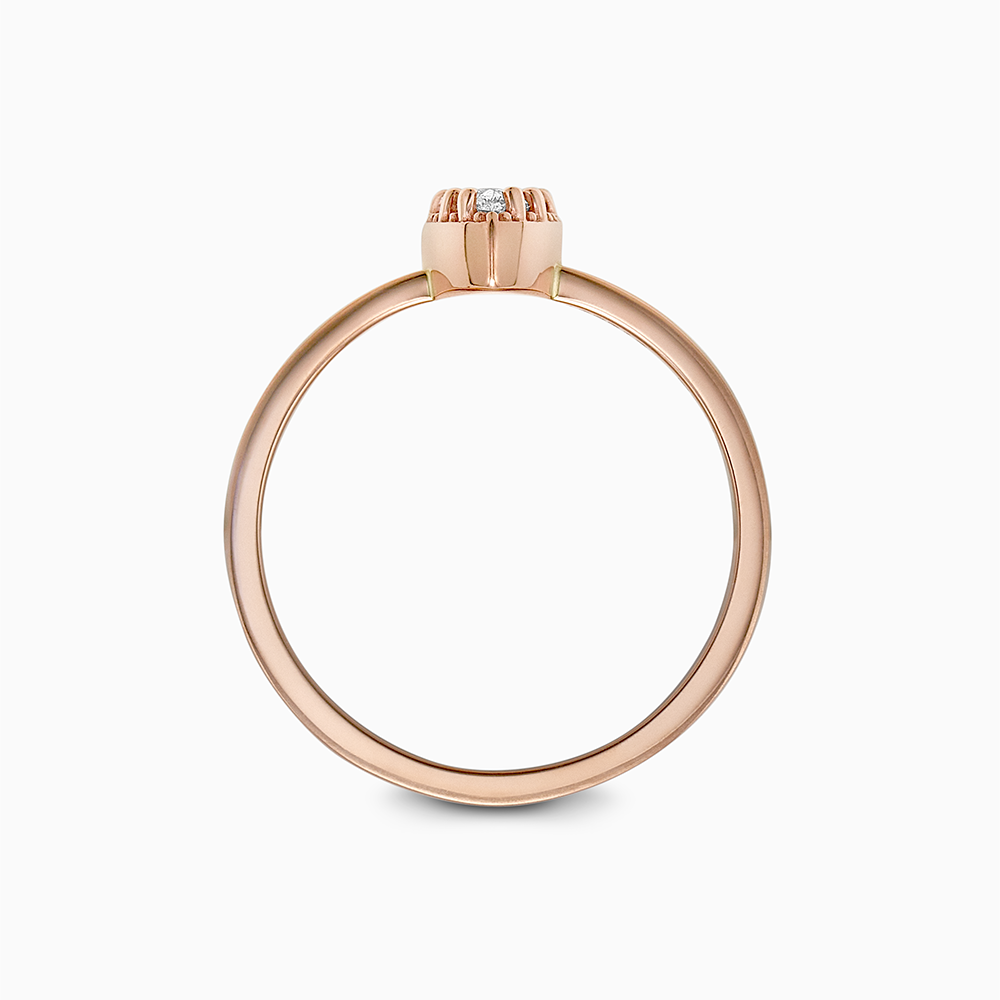 Profile view of Ecksand's Pear Diamond Stackable Ring with Milgrain Halo in 18k Rose Gold, Lab-grown VS2+/F+