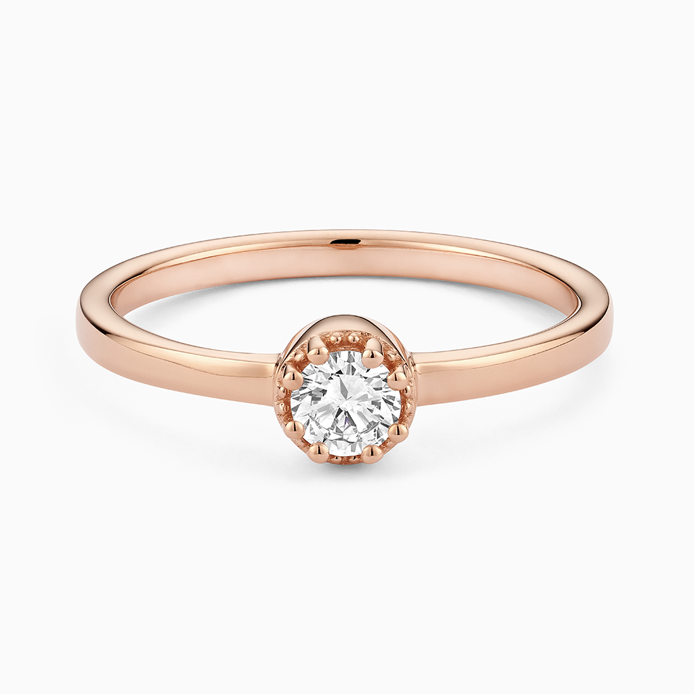 Face view of Ecksand's Round Diamond Stackable Ring with Milgrain Halo in 18k Rose Gold, Lab-grown VS2+/F+