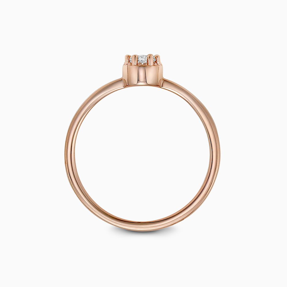 Profile view of Ecksand's Round Diamond Stackable Ring with Milgrain Halo in 18k Rose Gold, Lab-grown VS2+/F+