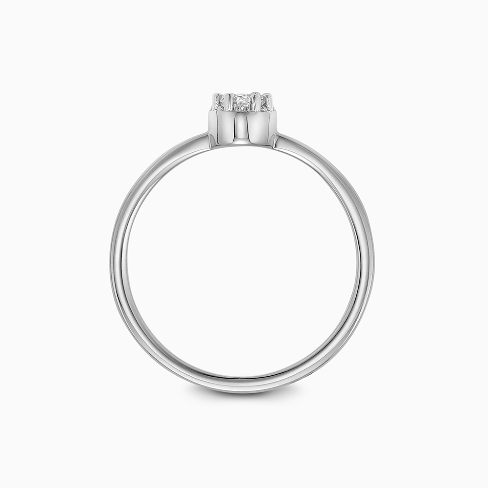 Profile view of Ecksand's Round Diamond Stackable Ring with Milgrain Halo in 18k White Gold, Lab-grown VS2+/F+