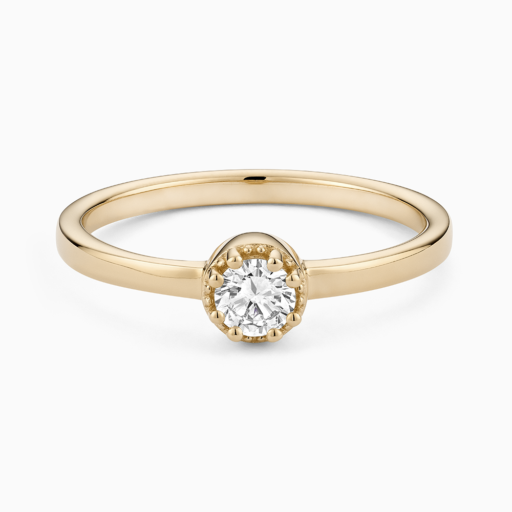 Face view of Ecksand's Round Diamond Stackable Ring with Milgrain Halo in 18k Yellow Gold, Lab-grown VS2+/F+