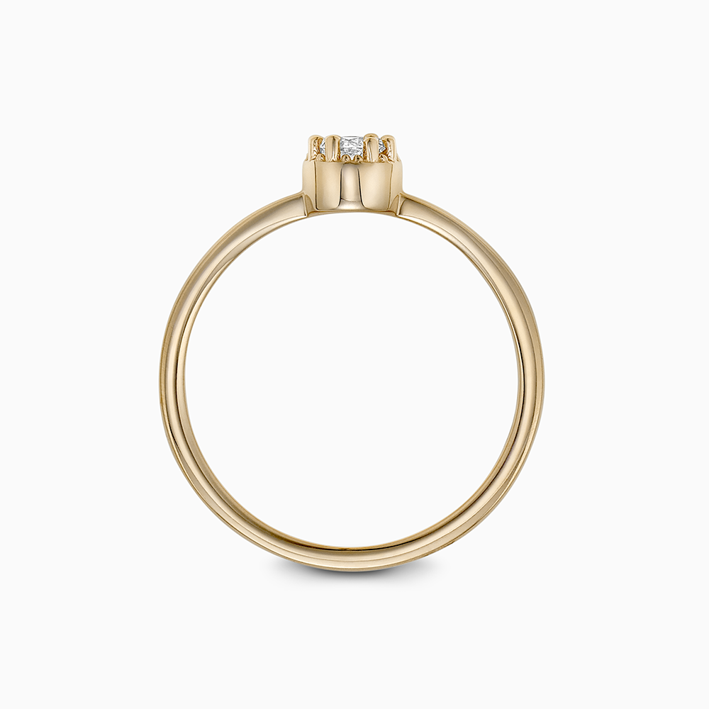 Profile view of Ecksand's Round Diamond Stackable Ring with Milgrain Halo in 18k Yellow Gold, Lab-grown VS2+/F+