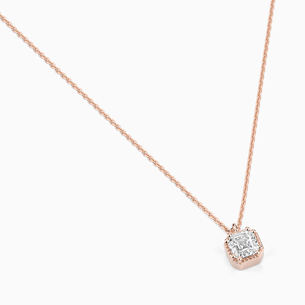 Angled view of Ecksand's Asscher Diamond Stackable Necklace with Milgrain Halo in 18k Rose Gold, Lab-grown VS2+/F+