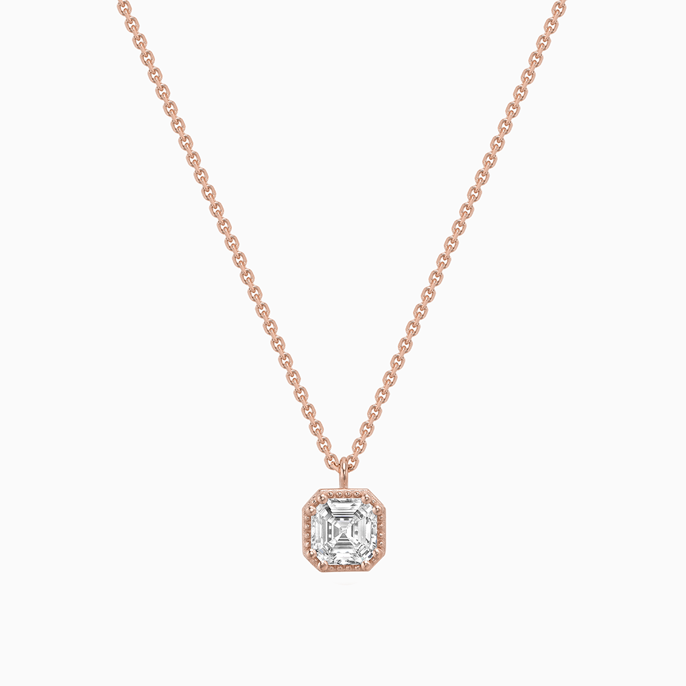 Face view of Ecksand's Asscher Diamond Stackable Necklace with Milgrain Halo in 18k Rose Gold, Lab-grown VS2+/F+