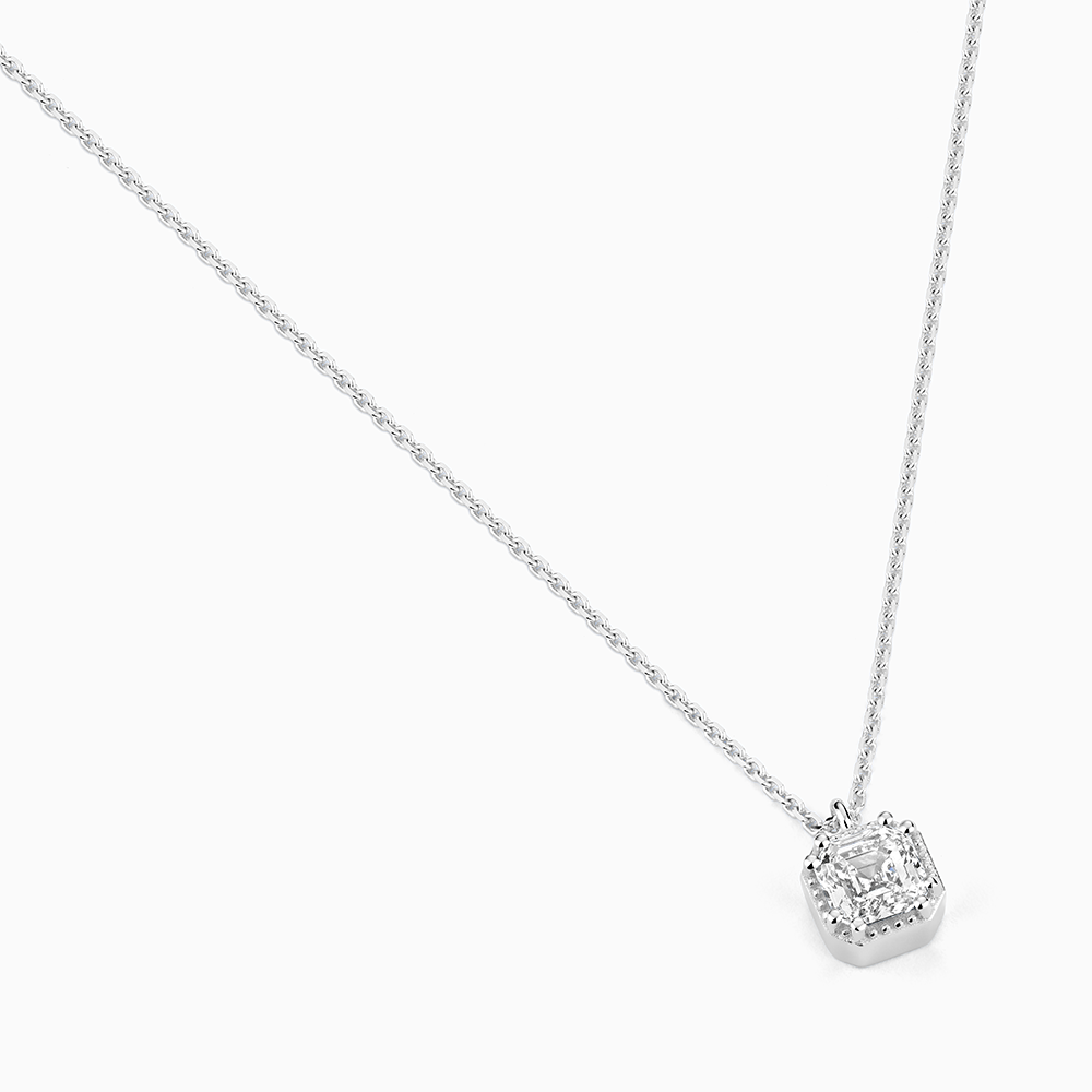 Angled view of Ecksand's Asscher Diamond Stackable Necklace with Milgrain Halo in 18k White Gold, Lab-grown VS2+/F+