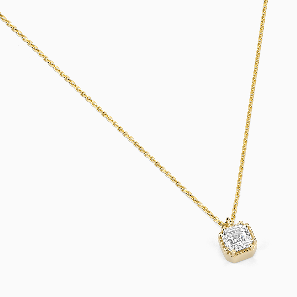 Angled view of Ecksand's Asscher Diamond Stackable Necklace with Milgrain Halo in 18k Yellow Gold, Lab-grown VS2+/F+