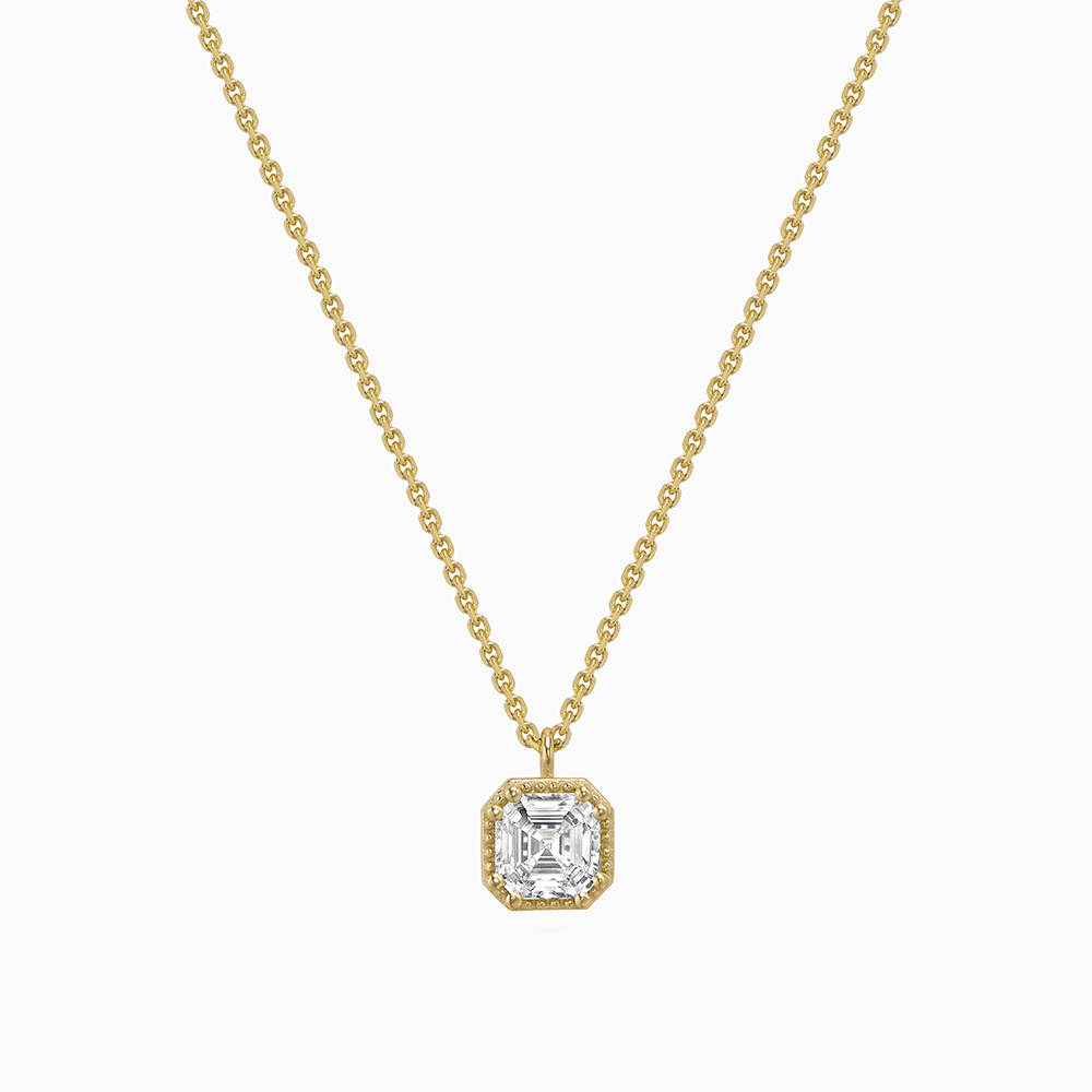 Face view of Ecksand's Asscher Diamond Stackable Necklace with Milgrain Halo in 18k Yellow Gold, Lab-grown VS2+/F+