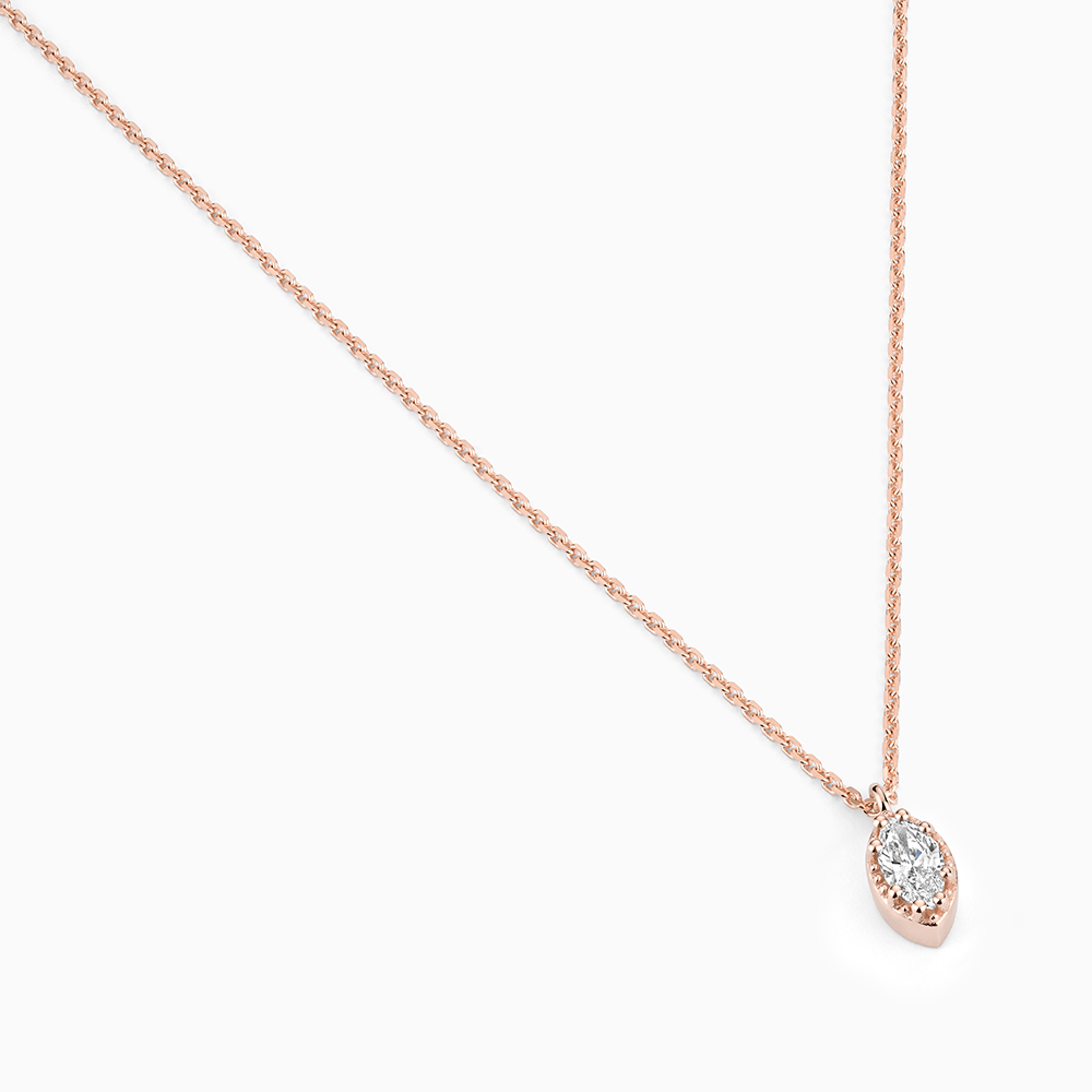 Angled view of Ecksand's Marquise Diamond Stackable Necklace with Milgrain Halo in 18k Rose Gold, Lab-grown VS2+/F+