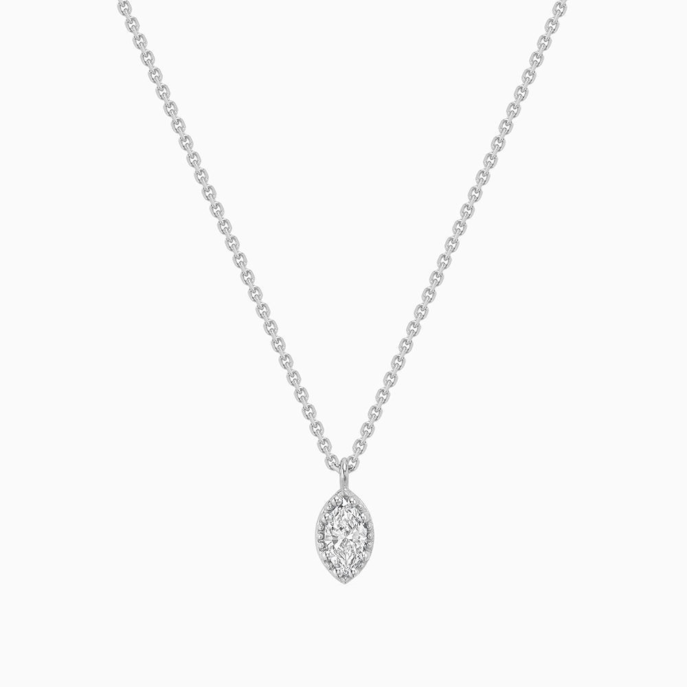 Face view of Ecksand's Marquise Diamond Stackable Necklace with Milgrain Halo in 18k White Gold, Lab-grown VS2+/F+