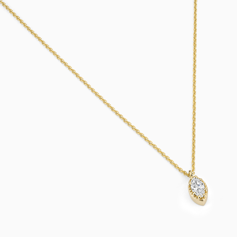 Angled view of Ecksand's Marquise Diamond Stackable Necklace with Milgrain Halo in 18k Yellow Gold, Lab-grown VS2+/F+