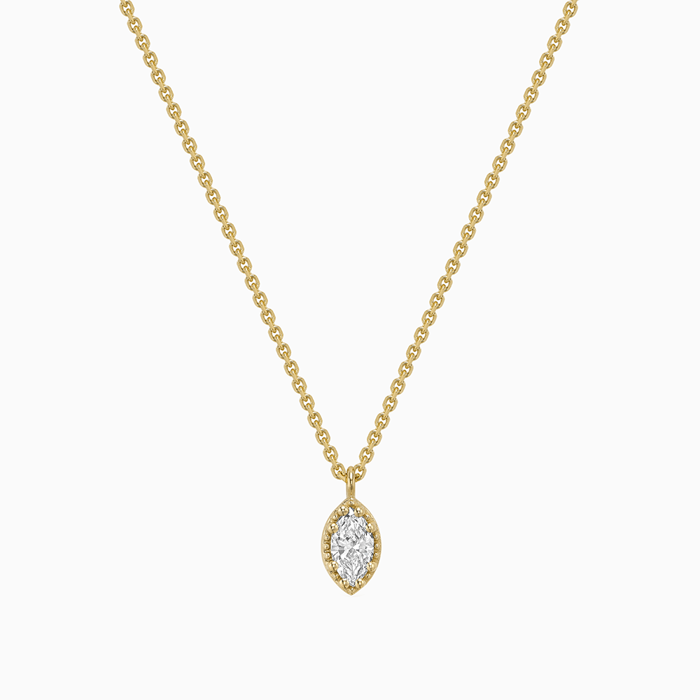 Face view of Ecksand's Marquise Diamond Stackable Necklace with Milgrain Halo in 18k Yellow Gold, Lab-grown VS2+/F+