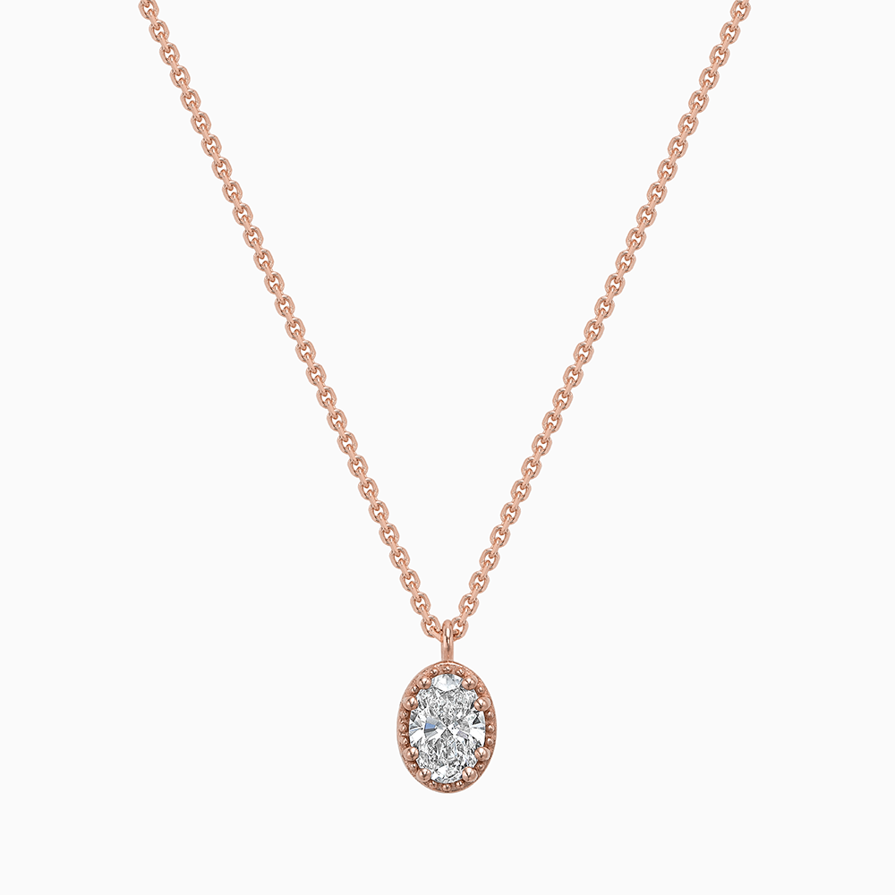 Face view of Ecksand's Oval Diamond Stackable Necklace with Milgrain Halo in 18k Rose Gold, Lab-grown VS2+/F+