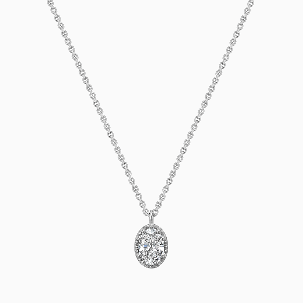 Face view of Ecksand's Oval Diamond Stackable Necklace with Milgrain Halo in 18k White Gold, Lab-grown VS2+/F+