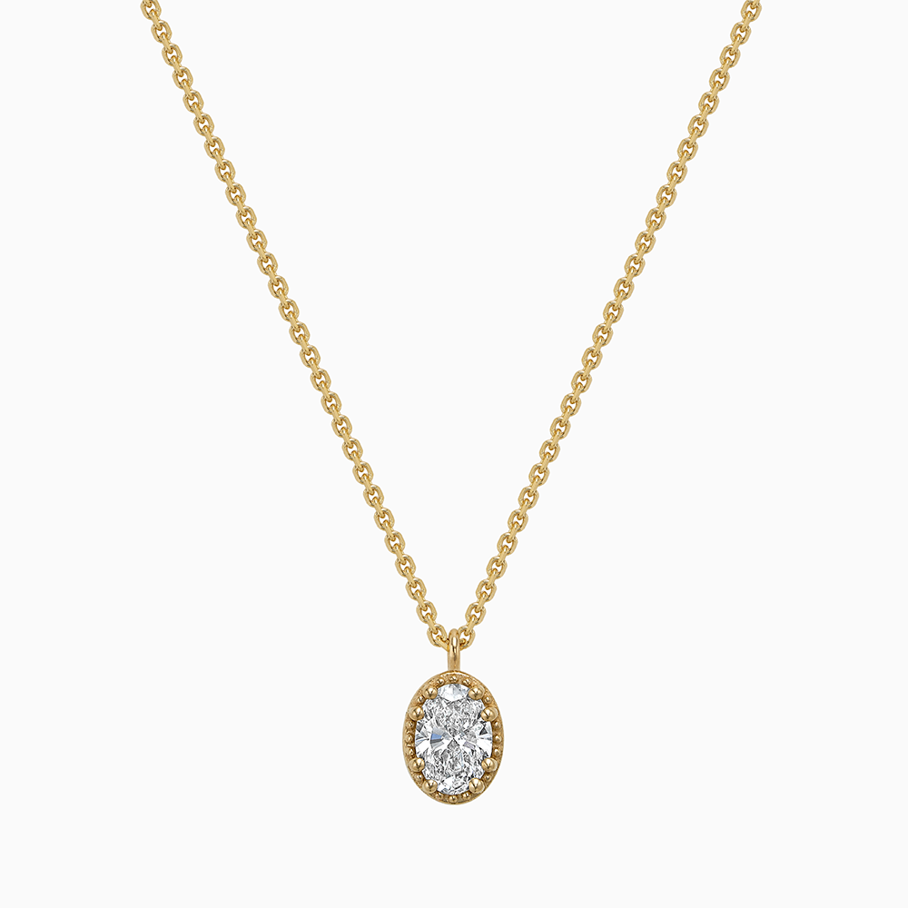 Face view of Ecksand's Oval Diamond Stackable Necklace with Milgrain Halo in 18k Yellow Gold, Lab-grown VS2+/F+