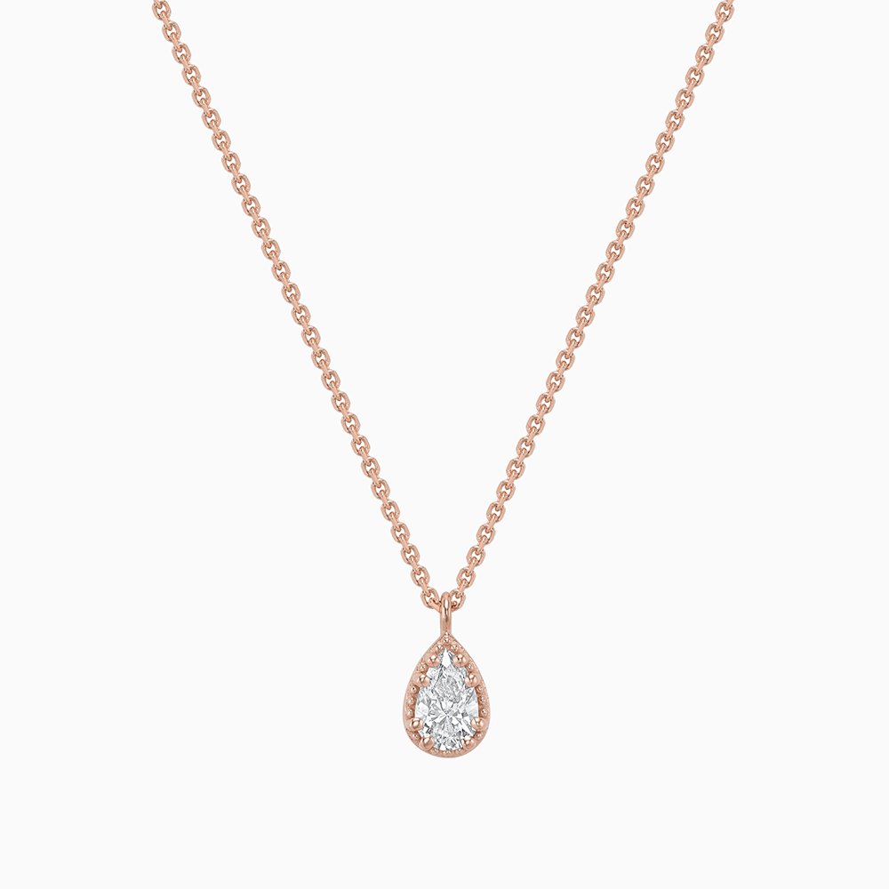 Face view of Ecksand's Pear Diamond Stackable Necklace with Milgrain Halo in 18k Rose Gold, Lab-grown VS2+/F+