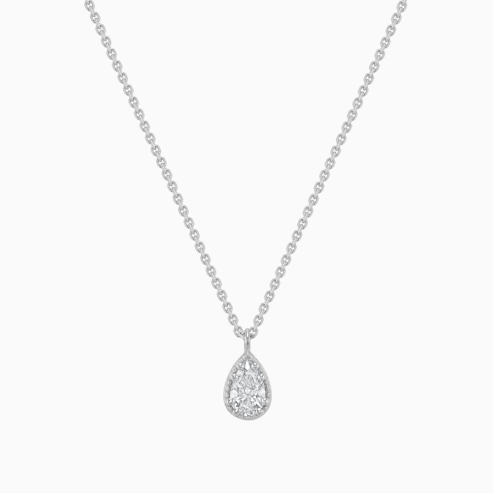 Face view of Ecksand's Pear Diamond Stackable Necklace with Milgrain Halo in 18k White Gold, Lab-grown VS2+/F+