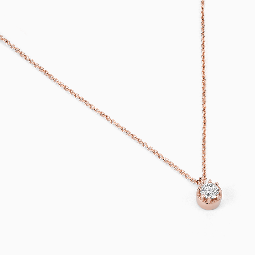 Angled view of Ecksand's Round Diamond Stackable Necklace with Milgrain Halo in 18k Rose Gold, Lab-grown VS2+/F+