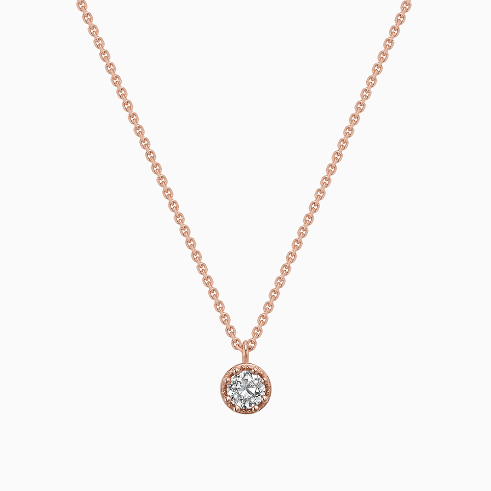 Face view of Ecksand's Round Diamond Stackable Necklace with Milgrain Halo in 18k Rose Gold, Lab-grown VS2+/F+