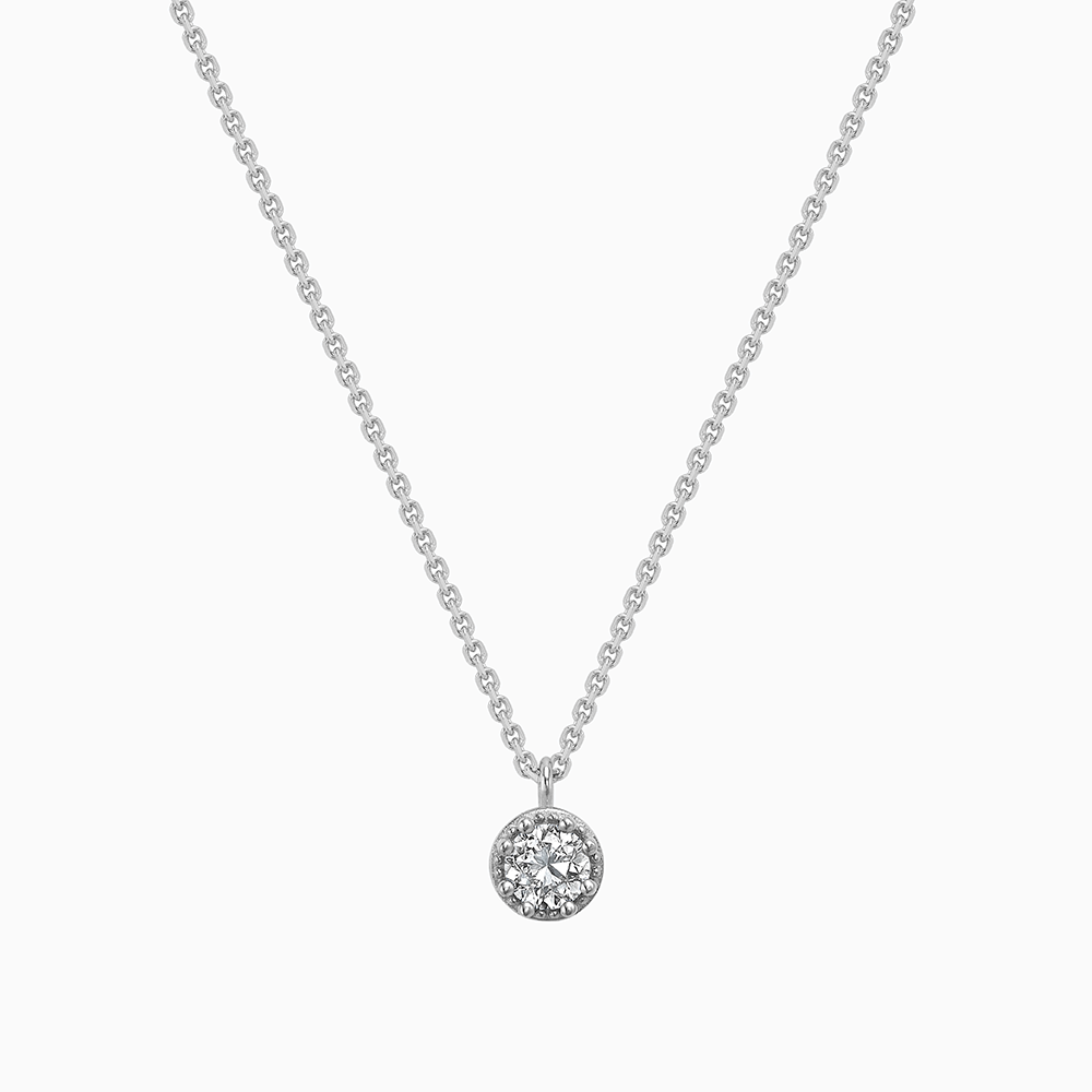 Face view of Ecksand's Round Diamond Stackable Necklace with Milgrain Halo in 18k White Gold, Lab-grown VS2+/F+