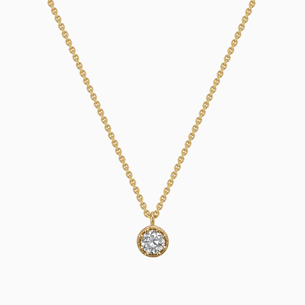 Face view of Ecksand's Round Diamond Stackable Necklace with Milgrain Halo in 18k Yellow Gold, Lab-grown VS2+/F+