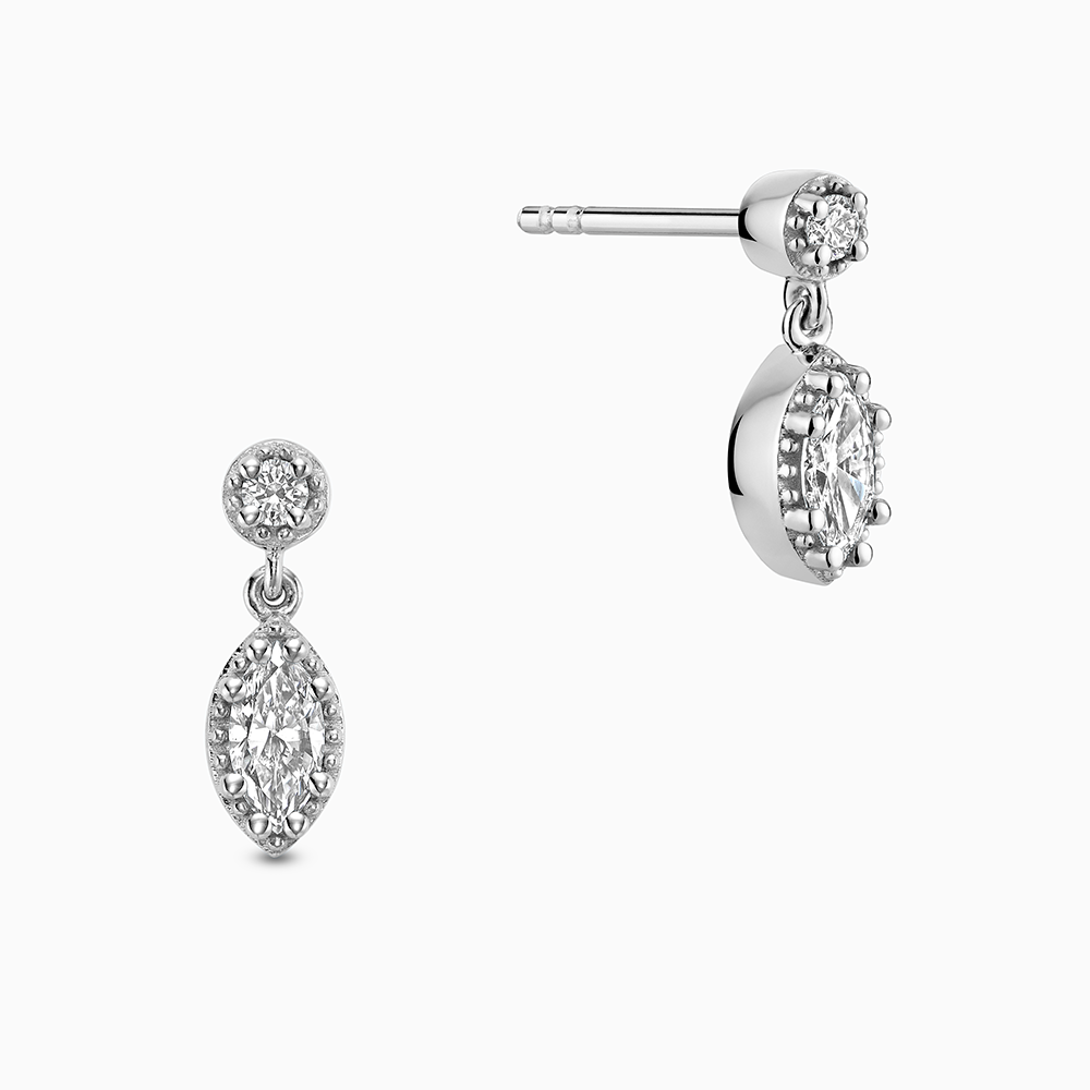 Face view of Ecksand's Marquise Diamond Stud Earrings with Milgrain Halo and Diamond Accent in 18k White Gold, Lab-grown VS2+/ F+