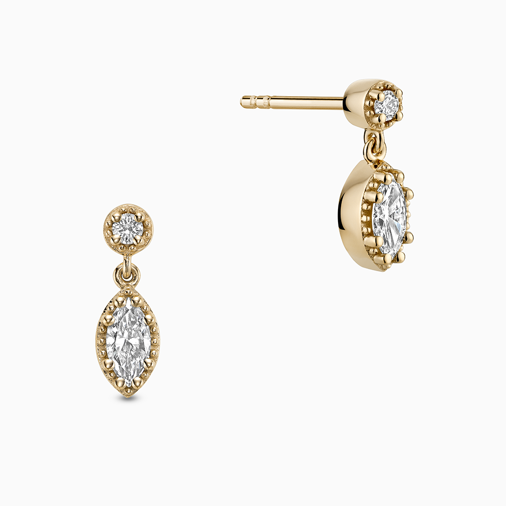 Face view of Ecksand's Marquise Diamond Stud Earrings with Milgrain Halo and Diamond Accent in 18k Yellow Gold, Lab-grown VS2+/ F+