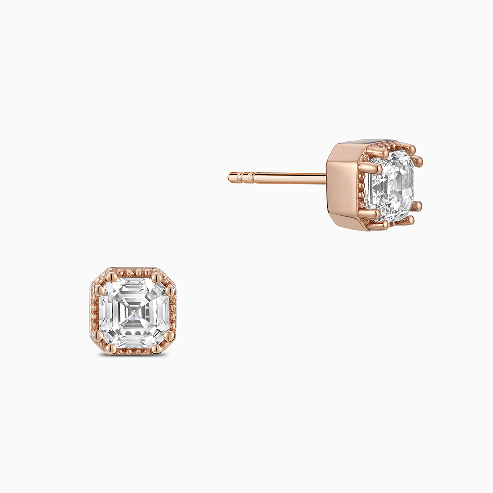 Face view of Ecksand's Asscher Diamond Stud Earrings with Milgrain Halo in 18k Rose Gold, Lab-grown VS2+/ F+