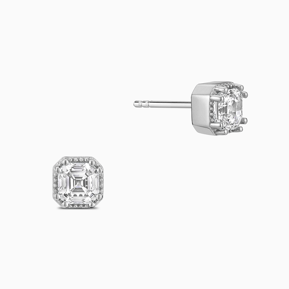 Face view of Ecksand's Asscher Diamond Stud Earrings with Milgrain Halo in 18k White Gold, Lab-grown VS2+/ F+