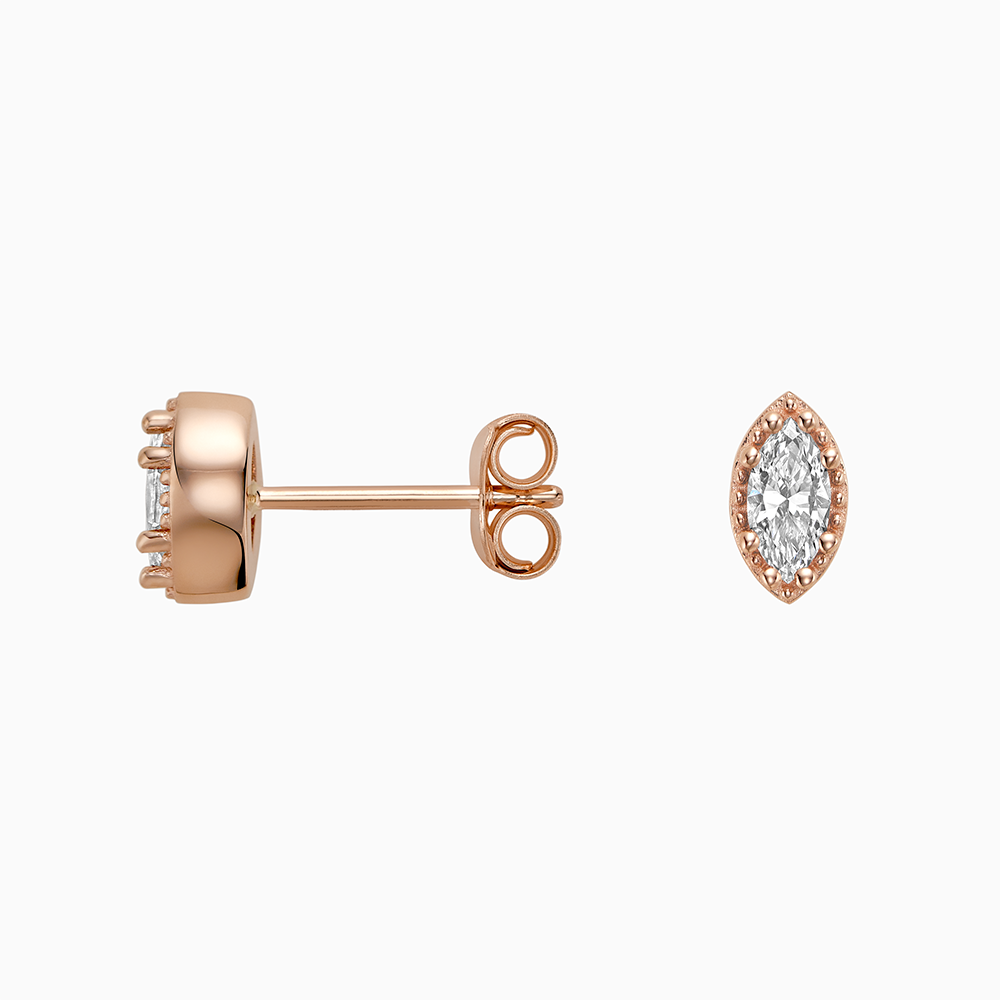 Angled view of Ecksand's Marquise Diamond Stud Earrings with Milgrain Halo in 18k Rose Gold, Lab-grown VS2+/ F+