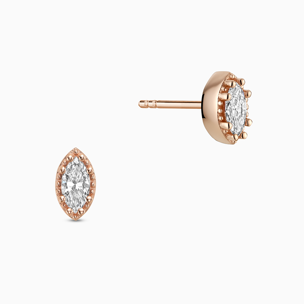 Face view of Ecksand's Marquise Diamond Stud Earrings with Milgrain Halo in 18k Rose Gold, Lab-grown VS2+/ F+