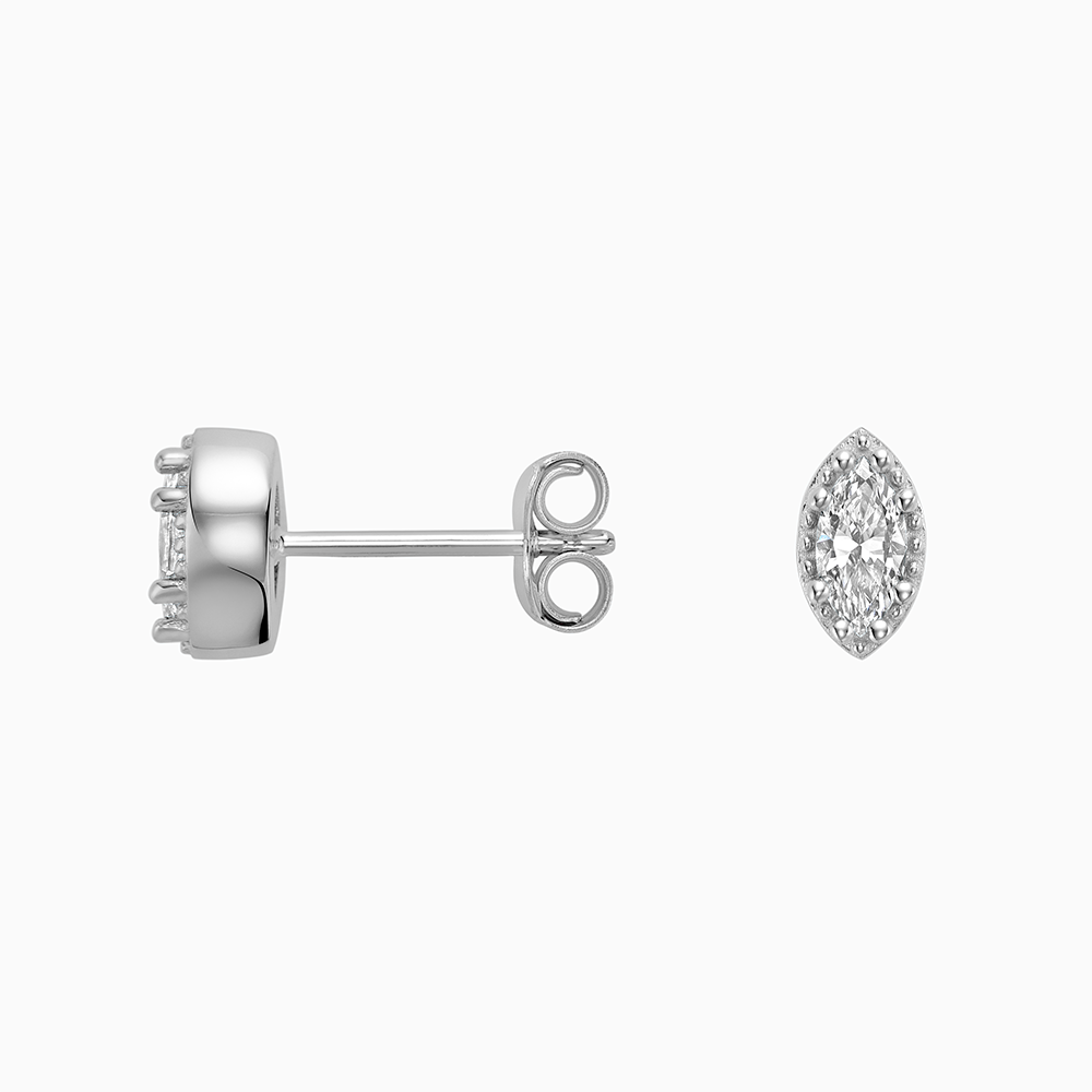 Angled view of Ecksand's Marquise Diamond Stud Earrings with Milgrain Halo in 18k White Gold, Lab-grown VS2+/ F+