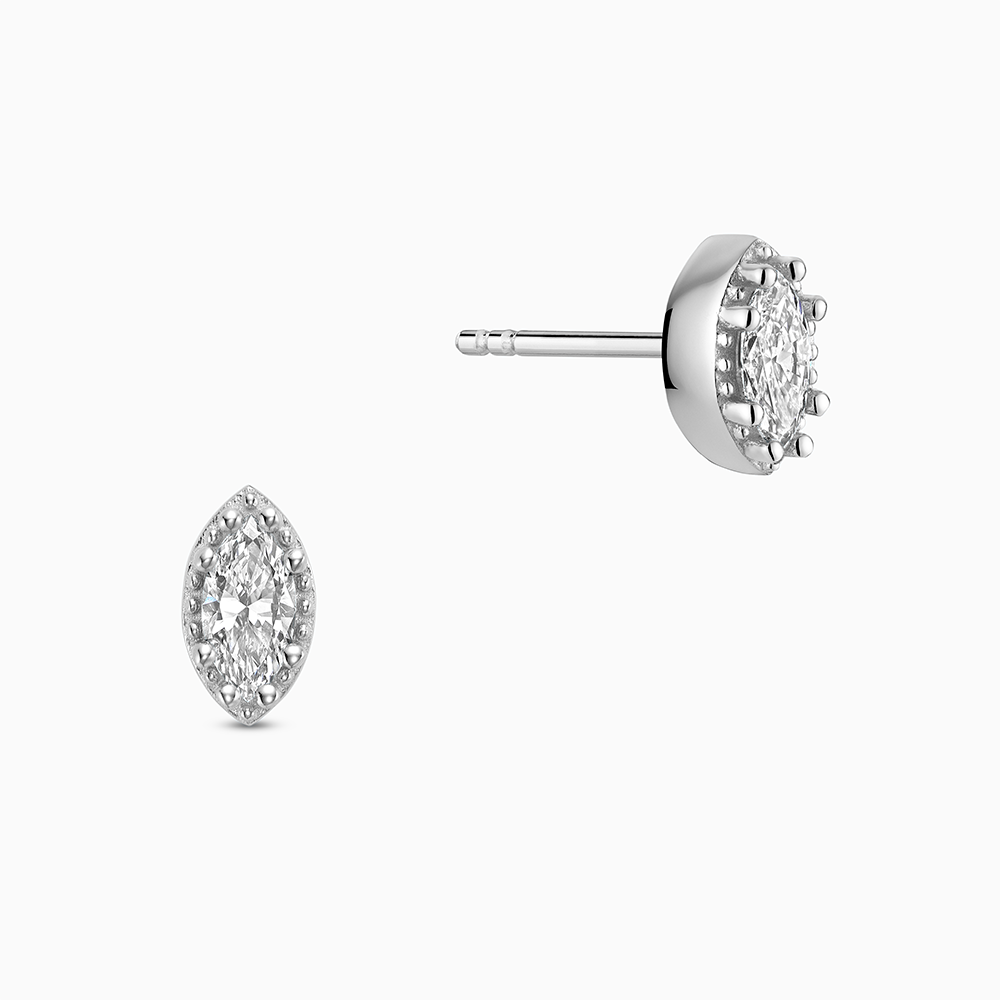 Face view of Ecksand's Marquise Diamond Stud Earrings with Milgrain Halo in 18k White Gold, Lab-grown VS2+/ F+