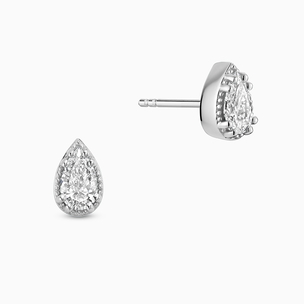 Face view of Ecksand's Pear Diamond Stud Earrings with Milgrain Halo in 18k White Gold, Lab-grown VS2+/ F+