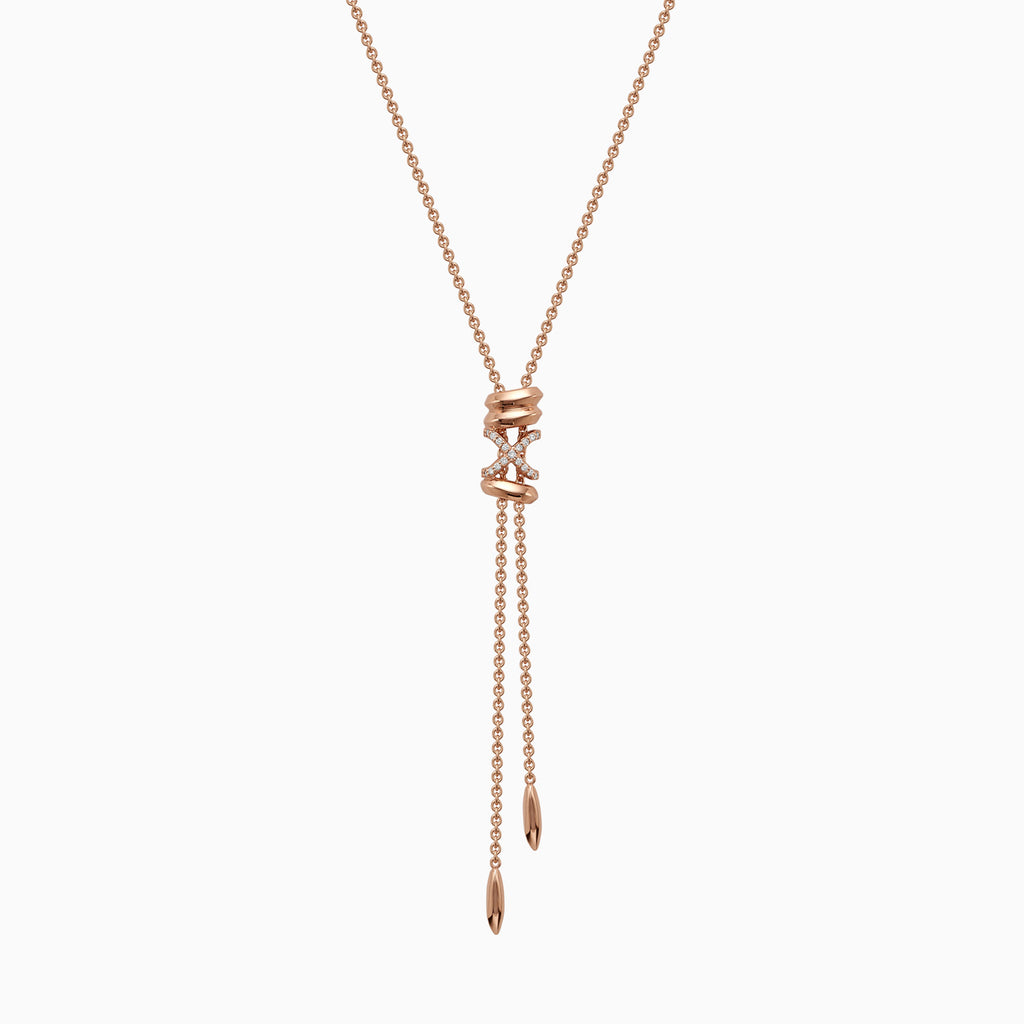 The Ecksand Iconic X Lariat Necklace shown with Lab-grown VS2+/ F+ in 14k Rose Gold