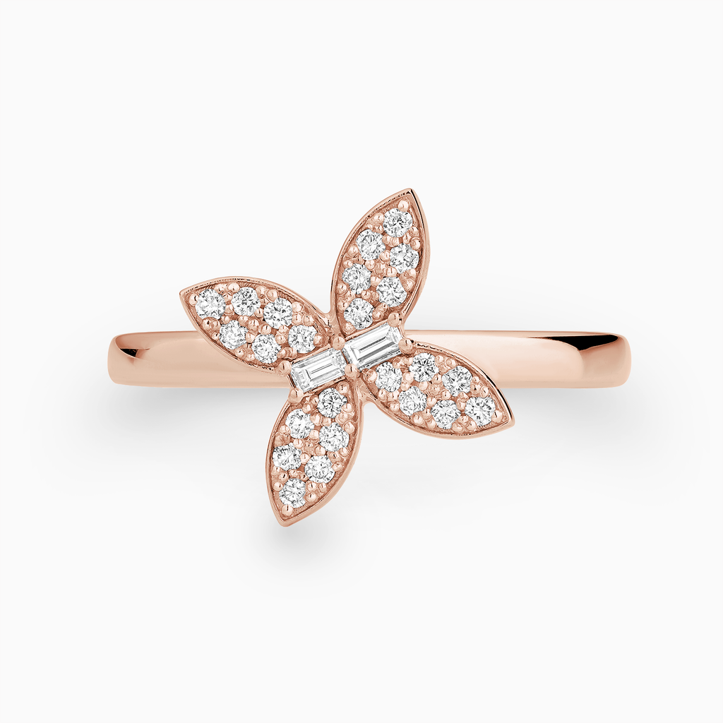 The Ecksand Butterfly Ring with Diamond Pavé shown with Lab-grown VS2+/ F+ in 14k Rose Gold