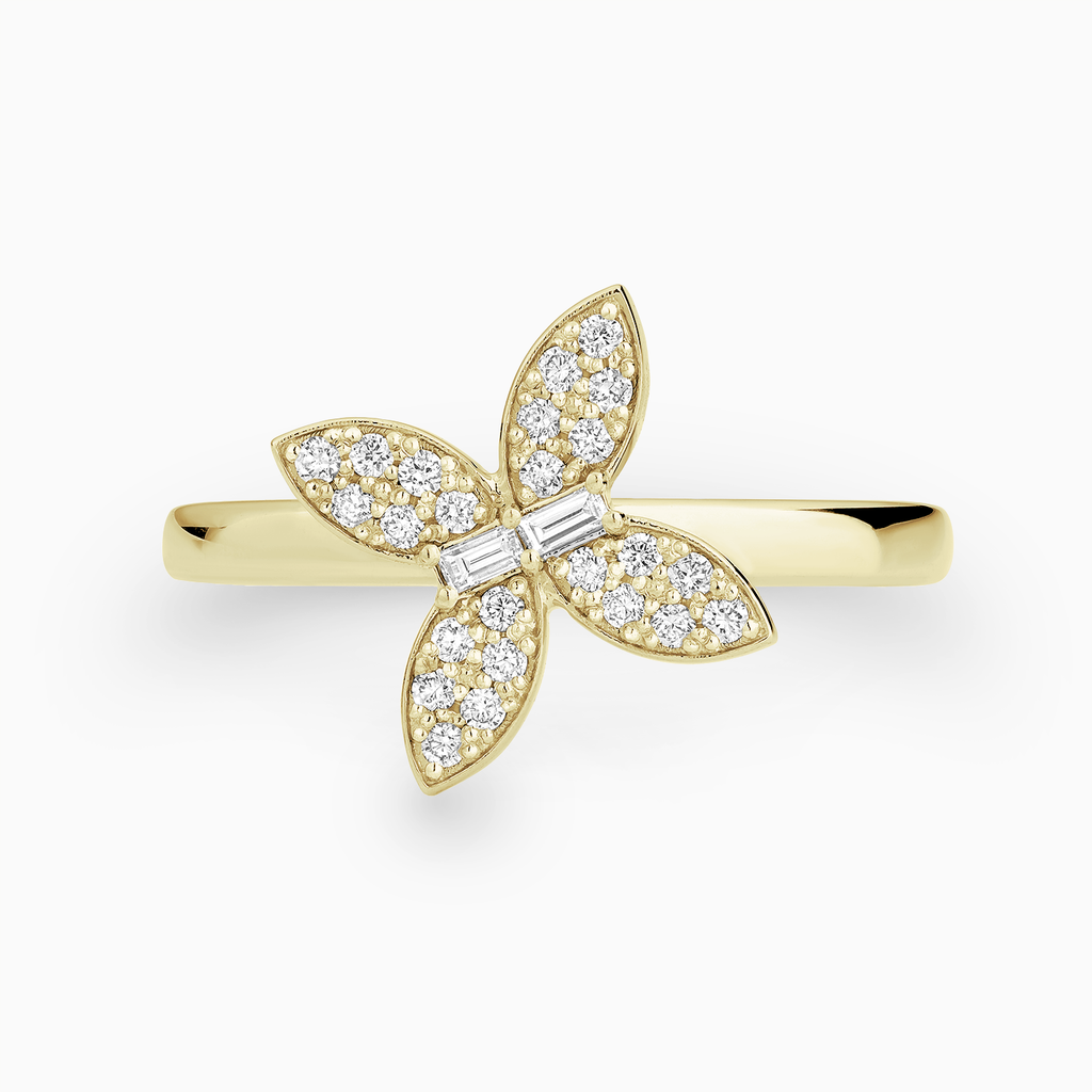 The Ecksand Butterfly Ring with Diamond Pavé shown with Lab-grown VS2+/ F+ in 14k Yellow Gold