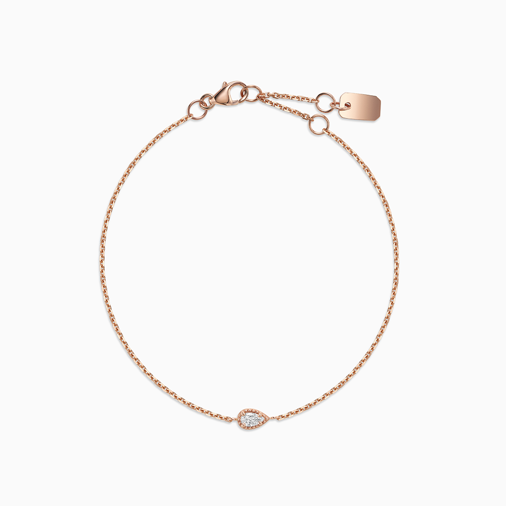 Face view of Ecksand's Pear Diamond Stackable Bracelet with Milgrain Halo in 18k Rose Gold, Lab-grown VS2+/F+