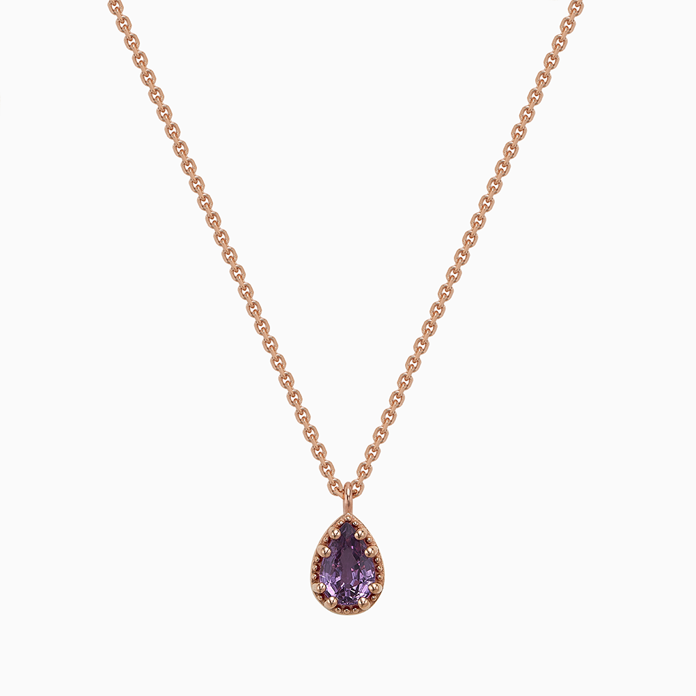 Face view of Ecksand's Pear Purple Sapphire Stackable Necklace with Milgrain Halo in 18k Rose Gold