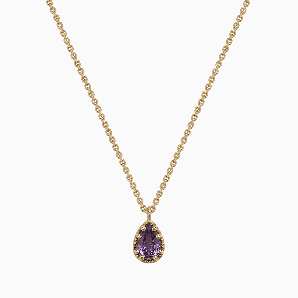 Face view of Ecksand's Pear Purple Sapphire Stackable Necklace with Milgrain Halo in 18k Yellow Gold