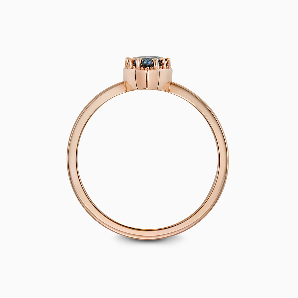 Profile view of Ecksand's Pear Montana Sapphire Stackable Ring with Milgrain Halo in 18k Rose Gold