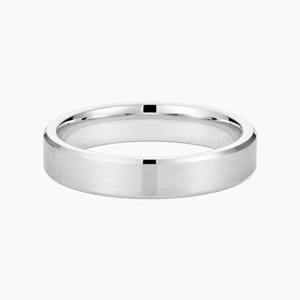 Angled view of Ecksand's Brushed Beveled Wedding Ring in Platinum, Band: 3mm