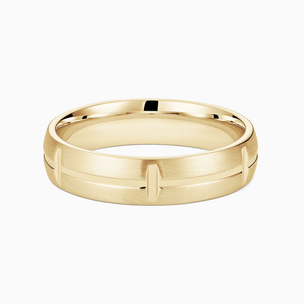 Angled view of Ecksand's Brushed Block Wedding Ring in 18k Yellow Gold, Band: 5mm