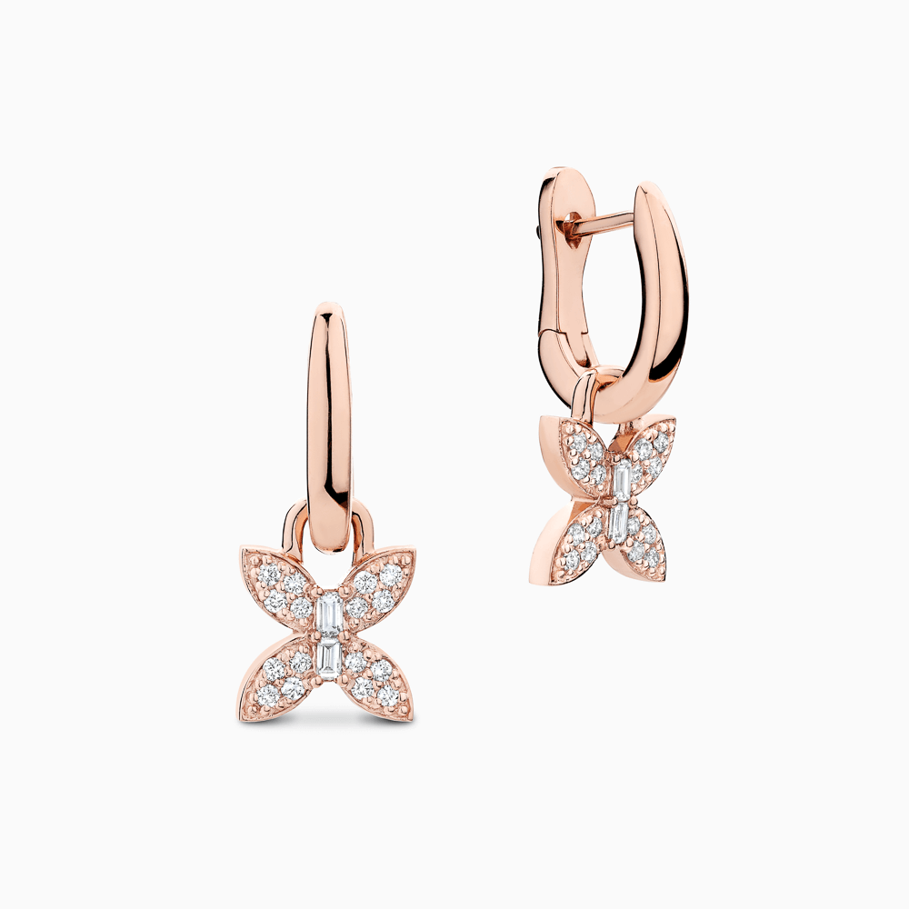The Ecksand Butterfly Dangle Earrings with Accent Diamonds shown with Natural VS2+/ F+ in 14k Rose Gold
