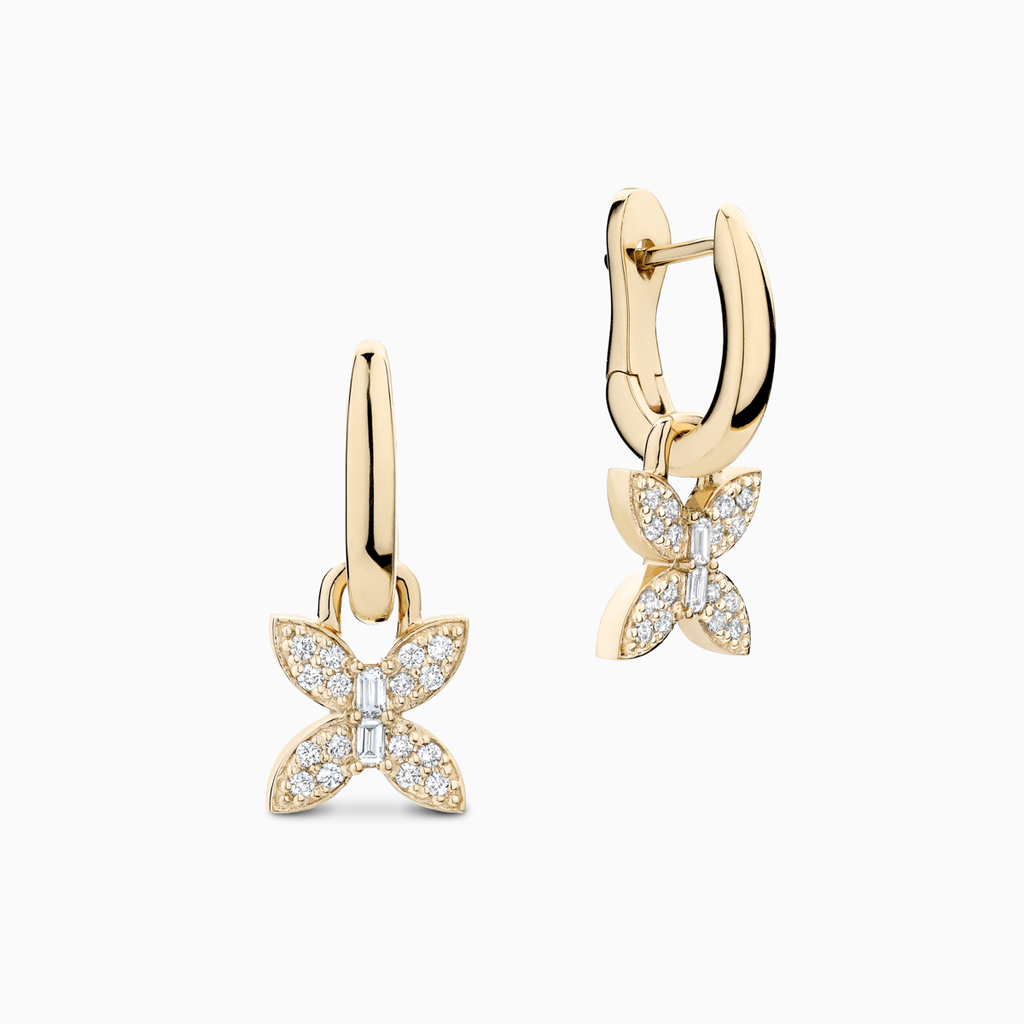 The Ecksand Butterfly Dangle Earrings with Accent Diamonds shown with Natural VS2+/ F+ in 14k Yellow Gold