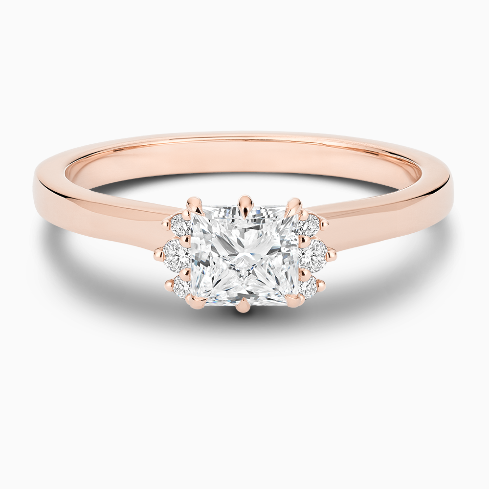 The Ecksand Solitaire Six-Prongs Engagement Ring with Diamond Accent Pavé shown with Princess in 14k Rose Gold