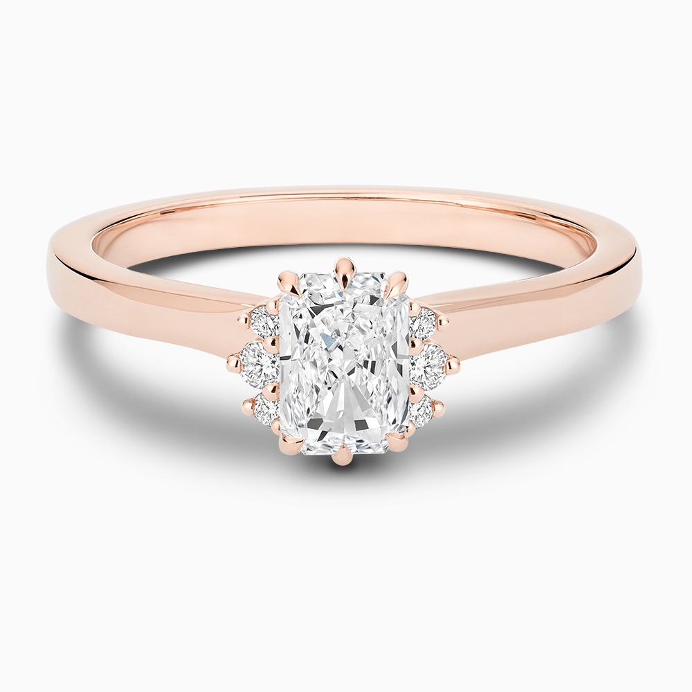 The Ecksand Solitaire Six-Prongs Engagement Ring with Diamond Accent Pavé shown with Radiant in 14k Rose Gold