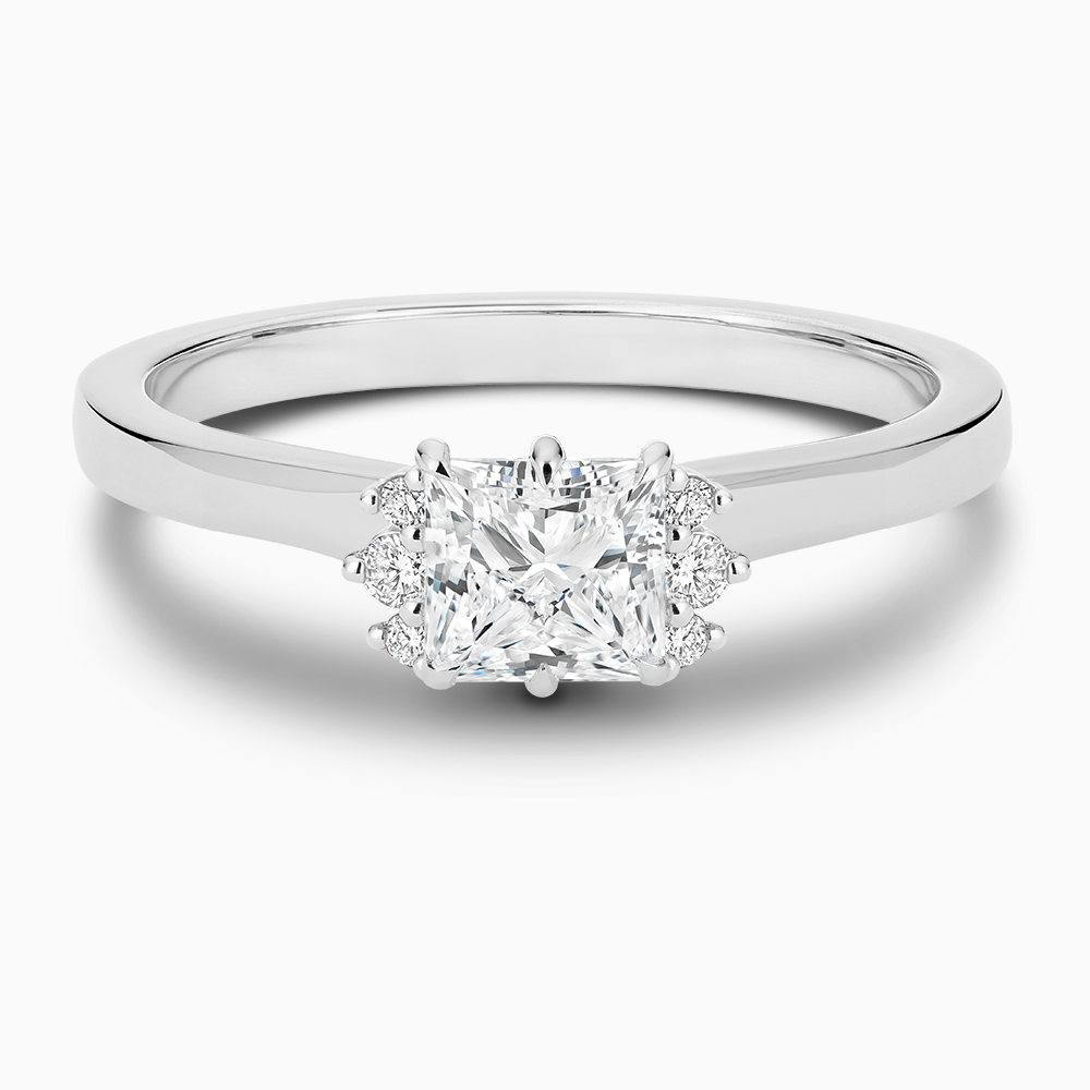 The Ecksand Solitaire Six-Prongs Engagement Ring with Diamond Accent Pavé shown with Princess in 14k White Gold